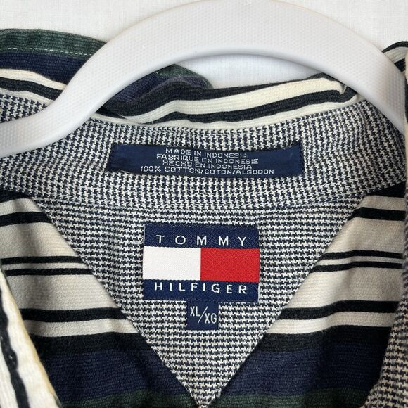 Vintage 90s Tommy Hilfiger Men's Shirt XL SS Button Up Crest Stripes Preppy Logo - Picture 4 of 12